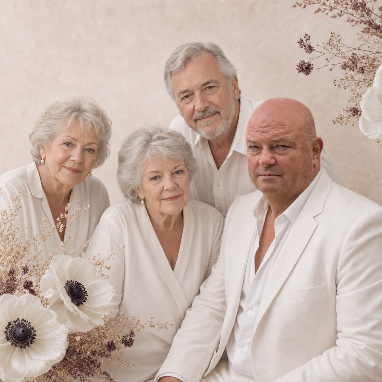 Family and friends gathered among white flowers